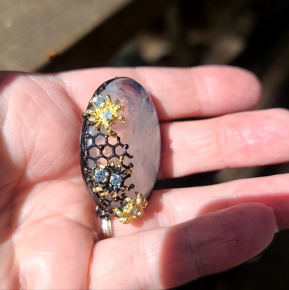 HUGE GORGEOUS Moonstone & Aquamarine brooch w/24k Gold Spiders - Picture 8 of 11